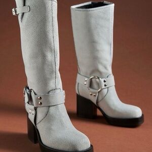 Jeffrey Campbell Anthropologie Tall Harness Boots White Crackle Distress NIB 7.5